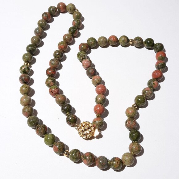 Unakite Bead Necklace 22" Knotted Single Strand Gold-tone Ornate Box Clasp - Picture 3 of 5